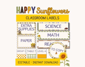 Editable Classroom Labels Cheerful Sunflower Decor | Bin, Drawer, Toolbox Organization Templates