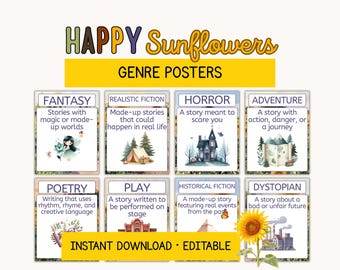Genre Posters for ELA Classrooms | Reading Anchor Charts Sunflower Poster Set