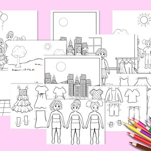 May include: A collection of black and white paper doll coloring pages with various outfits and scenes. Includes dresses, tops, skirts, and pants. Also features cityscapes, trees, balloons, and sun illustrations. Colored pencils are in the bottom right corner.