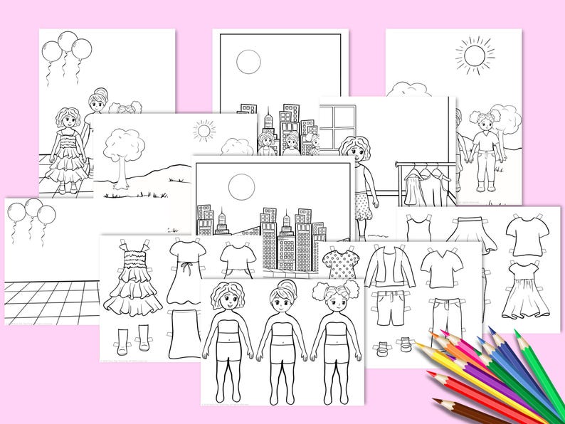May include: A collection of black and white paper doll coloring pages with various outfits and scenes. Includes dresses, tops, skirts, and pants. Also features cityscapes, trees, balloons, and sun illustrations. Colored pencils are in the bottom right corner.