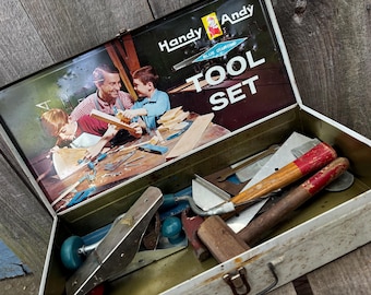 Vintage 1960s Handy Andy Blue Diamond Children's Tool Set in Tin