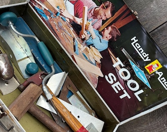 Vintage 1960s Handy Andy Blue Diamond Children's Tool Set in Tin
