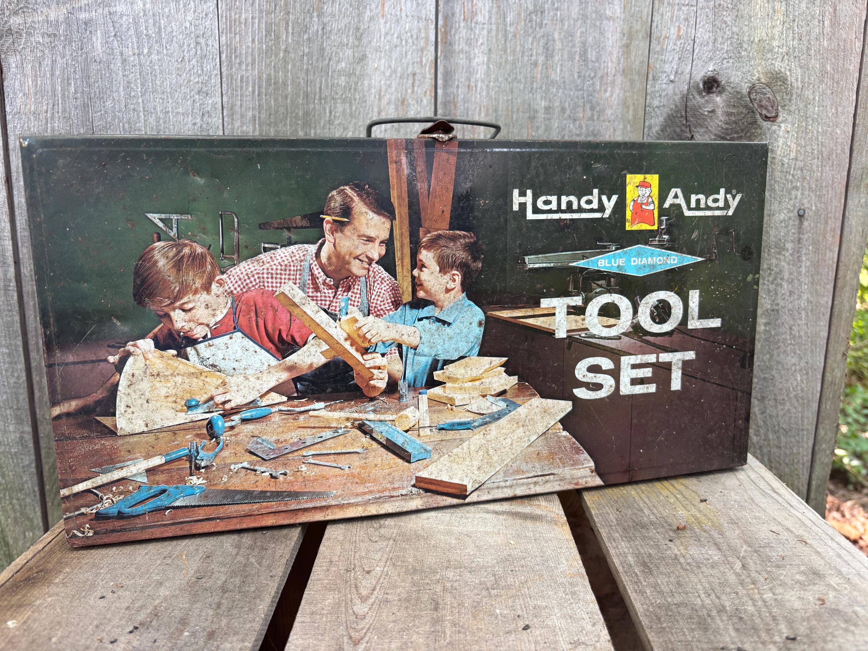 Vintage 1960s Handy Andy Blue Diamond Children's Tool Set in Tin