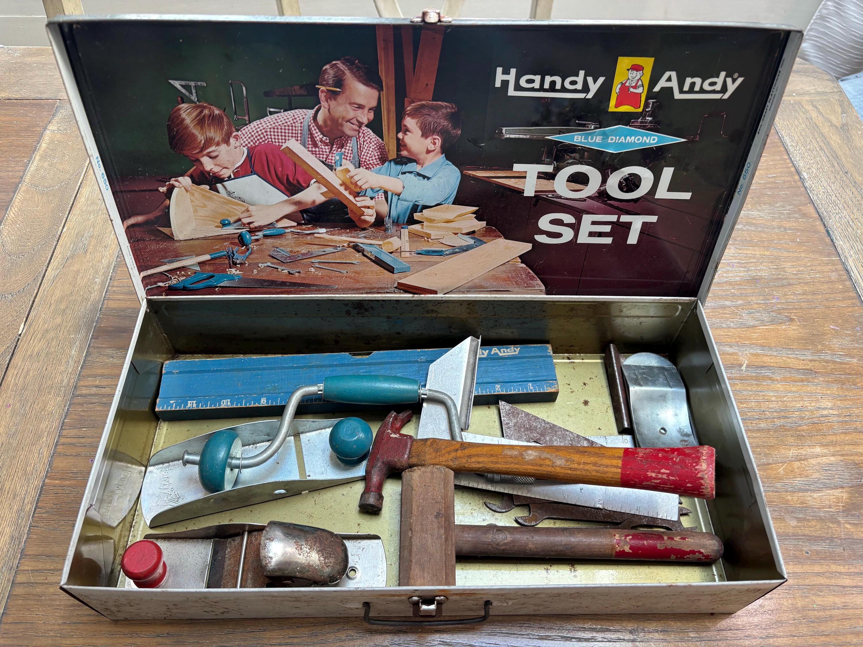 Vintage 1960s Handy Andy Blue Diamond Children's Tool Set in Tin