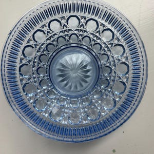 May include: A round, light blue glass dish with a detailed geometric pattern. The dish features a central, raised design and a decorative rim. The intricate design includes circles, diamonds, and lines, creating a vintage aesthetic.