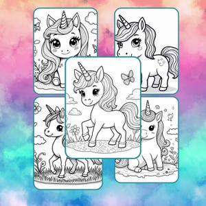 Five Unicorn colouring in pages. Digital Download cute colouring in pages