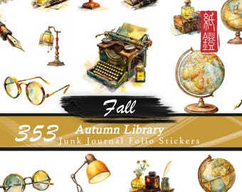 May include: Watercolor illustrations of vintage library items, including a typewriter, eyeglasses, globes, lamps, inkwells, and pens. The text "Fall" and "353 Autumn Library Junk Journal Folio Stickers" are also present.