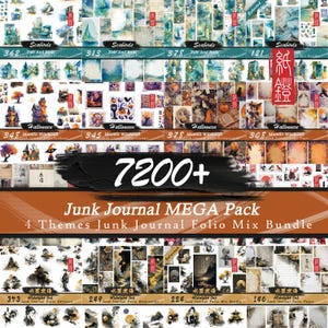 Może przedstawiać: Kolekcja elementów do junk journala z różnymi motywami, w tym ptakami morskim, Halloween i azjatyckimi wzorami. Obraz przedstawia "Junk Journal MEGA Pack" z ponad 7200 elementami, idealny do projektów rękodzielniczych i scrapbookingu.