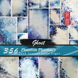 May include: A collection of 356 junk journal folio pages with a watercolor design. The pages feature a variety of blue, purple, and white watercolor backgrounds with lined and unlined paper. The word "Ghost" is written in white script.