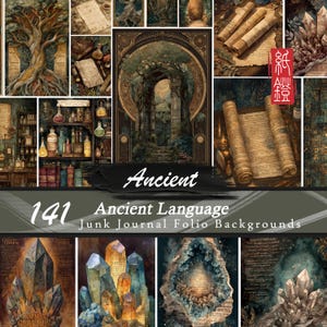 May include: A collage of digital art featuring an ancient theme. The image includes illustrations of trees, scrolls, crystals, and a stone archway. Text on the image reads "Ancient", "141", "Ancient Language", and "Junk Journal Folio Backgrounds".