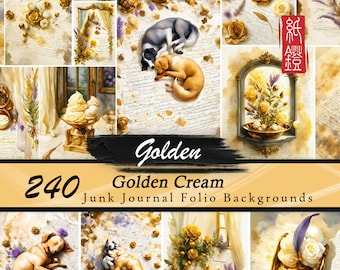 Golden Cream Junk Journal Folio Background Bundle Soft Vintage Printable Papers Elegant Ephemera, Warm Cream Pages Scrapbook Craft Supplies