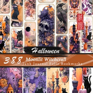 May include: A collection of 388 "Moonlit Witchcraft" themed bookmarks with a Halloween aesthetic. The bookmarks feature illustrations of ravens, skulls, cats, candles, and floral arrangements in shades of purple, orange, and black. The word "Halloween" is also visible.
