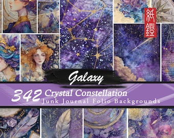 Könnte beinhalten: Eine Sammlung digitaler Hintergründe mit Galaxien-Thema. Die Bilder zeigen Aquarellillustrationen von Sternbildern, Himmelskörpern und Frauenporträts. Der Text "Galaxy" und "342 Crystal Constellation Junk Journal Folio Backgrounds" ist sichtbar.
