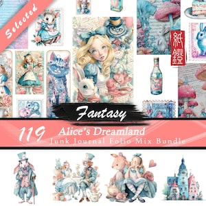 May include: A collection of watercolor illustrations featuring characters and scenes from Alice in Wonderland. The images include Alice, the White Rabbit, the Cheshire Cat, and other elements. The text "Fantasy" and "Alice's Dreamland" are also visible.