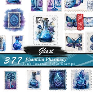May include: A collection of watercolor-style stamps with a fantasy theme. The stamps feature images of potion bottles, butterflies, keys, and other mystical elements in shades of blue, purple, and white. The text "Ghost" and "377 Phantom Pharmacy" are also visible.