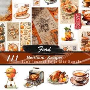 Op de afbeelding: Een collage van aquarel illustraties met eten en recepten. De afbeelding bevat een stuk taart, soep, een pot ijsthee en een grill. De tekst luidt "Food" en "111 Heirloom Recipes Junk Journal Folio Mix Bundle."