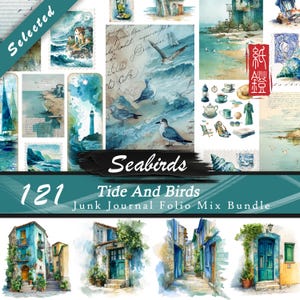 May include: A collection of watercolor illustrations featuring coastal scenes, including seabirds, lighthouses, and seaside buildings. The text reads "Seabirds" and "Tide And Birds Junk Journal Folio Mix Bundle 121". The color palette includes shades of blue, teal, and beige.