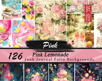 Roze limonade junk Journal Folio achtergrondbundel, pastel zomerse ephemera afdrukbare, zoetroze plakboekpagina's, schattige vintage papieren kit