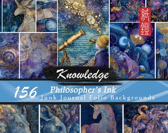 Könnte beinhalten: Eine Collage digitaler Kunsthintergründe in Blau-, Lila- und Goldtönen. Die Bilder zeigen himmlische Themen, Einhörner und eine Person, die durch ein Teleskop blickt. Der Text lautet "Knowledge" und "156 Philosopher's Ink Junk Journal Folio Backgrounds."