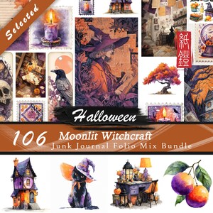 Op de afbeelding: Een collage van aquarel illustraties met een Halloween thema. Bevat een heks, een raaf, een kaars en een huis. De tekst luidt "Halloween" en "106 Moonlit Witchcraft Junk Journal Folio Mix Bundle."