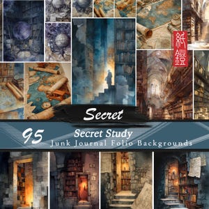 Op de afbeelding: Een collage van aquarel illustraties met bibliotheken, globes, kaarten en rollen. De tekst "Secret Study" en "95 Junk Journal Folio Backgrounds" zijn zichtbaar. Het kleurenpalet omvat blauw, bruin en crème.