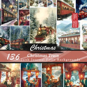 May include: A collage of watercolor illustrations featuring Christmas trains and winter scenes. The text "Christmas" is displayed in a cursive font, with the words "136 Christmas Train Junk Journal Folio Backgrounds" below.