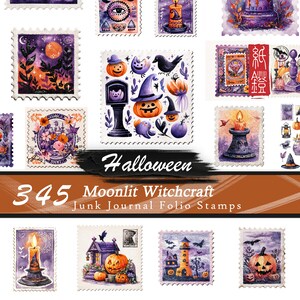 May include: A selection of watercolour stamps with a Halloween theme. The stamps depict pumpkins, bats, candles, and other spooky imagery. The text "Halloween" and "345 Moonlit Witchcraft Junk Journal Folio Stamps" are also visible.