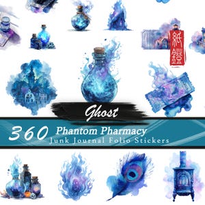 May include: Watercolor illustrations of potion bottles, a burning house, and a peacock feather in shades of blue and purple. The text "Ghost" and "360 Phantom Pharmacy Junk Journal Folio Stickers" are also visible.