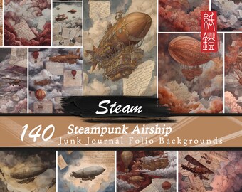 Steampunk Junk Journal Folio Background Bundle, Vntage Airship Ephemera Victorian Brass Digital Page Paper printable scrapbook Watercolor