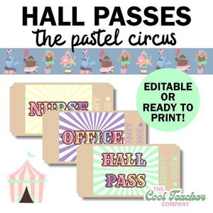 Pastell Zirkushallenpässe | Bearbeitbare Hall Pass Vorlagen | Canva Hall Pass Vorlage | Office Pass | Pflegepass | Badezimmer Pass