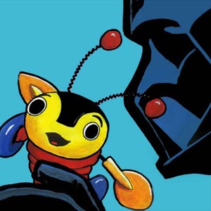 May include: A cartoon illustration of a friendly bee-like creature with a yellow body, black head, and red scarf. The bee has large eyes, antennae, and a smiling face. The background is a light blue colour, with a dark blue and black shape on the right side.