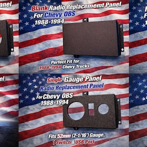 May include: A collection of black radio replacement gauge panels for Chevy OBS trucks from 1988-1994. Panels include dual holes, single gauge, blank, and 4-switch configurations. Each panel is designed to fit specific gauge sizes.