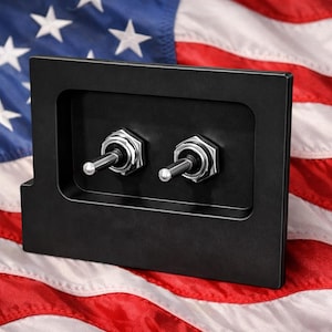 May include: A rectangular black switch plate featuring two metallic toggle switches centered within a recessed rectangular area. The plate has a smooth matte finish and is positioned upright, showcasing the two silver-toned metal toggles.