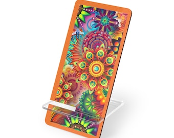 Suporte de exibição vibrante para smartphones, suporte colorido para celular, organizador de mesa, presente para amantes de tecnologia, decoração para escritório, design de mandala