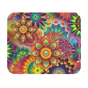 May include: A vibrant, colorful design featuring a repeating pattern of stylized floral and geometric shapes. The design incorporates a wide range of colors, including red, orange, yellow, green, blue, and purple, creating a psychedelic and eye-catching visual effect.
