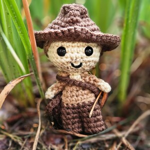May include: A crocheted amigurumi doll wearing a brown hat with a wide brim. The doll has a smiling face with brown eyes and is standing in a bed of green grass and brown leaves.