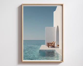 Estampe côtière méditerranéenne : Architecture blanche, vue sur l'océan (Téléchargement numérique)
