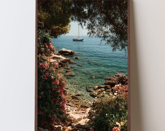 Mediterranean Cove Print: Coastal Sailboat, Floral Landscape (Digital Download