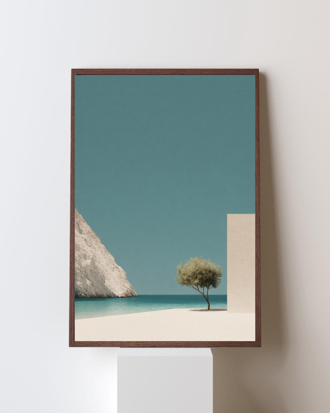 Greek Coastal Print: Mediterranean Sea, Tree & Architecture