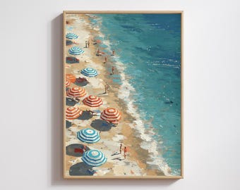 Lámina con diseño de sombrilla de playa mediterránea: Arte mural veraniego costero (Descarga digital)