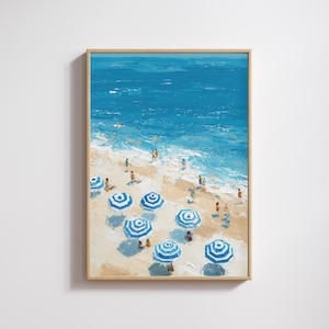 Blue Striped Umbrellas Beach Print – Coastal Ocean Painting, Summer Seaside Wall Art, Mediterranean Holiday Vibes (Digital Download)