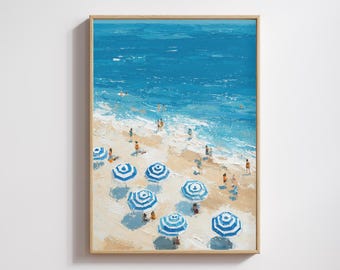 Blue Striped Umbrellas Beach Print: Coastal Mediterranean Wall Art (Digital Download)