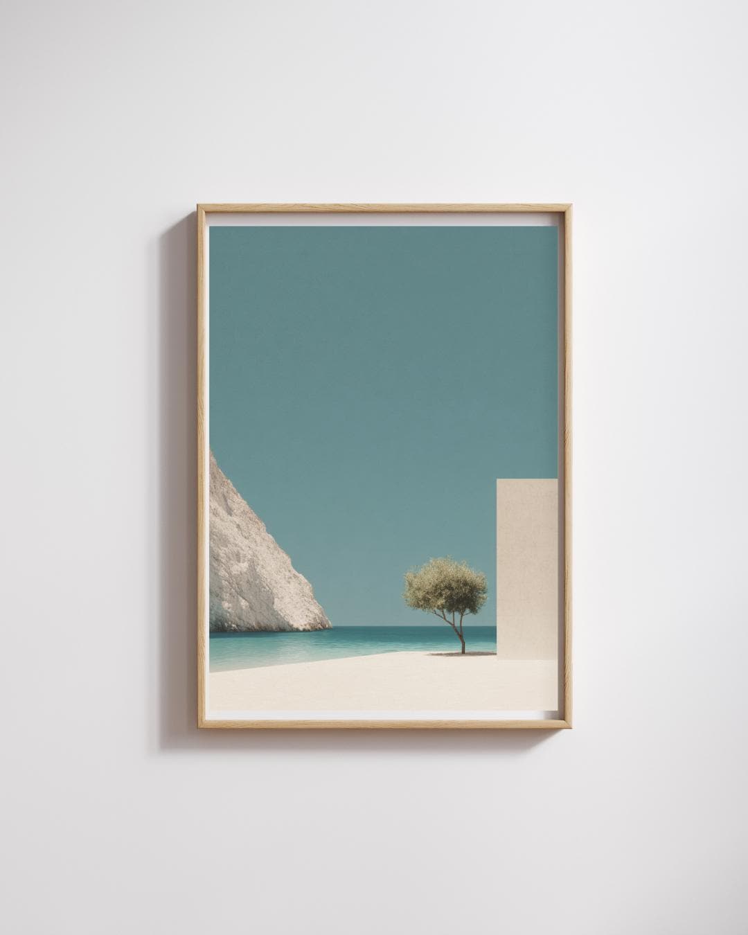 Greek Coastal Print: Mediterranean Sea, Tree & Architecture