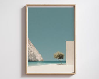 Greek Coastal Print: Mediterranean Sea, Tree & Architecture (Digital Download)