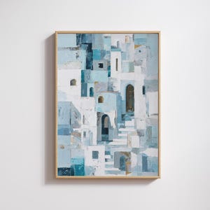 Abstract Coastal Home Wall Art – Mediterranean Architecture Print, Blue White Minimalist Painting, Santorini-Inspired Digital Download
