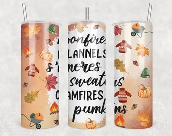 Bonfires, Flannels, Smores Wrap for Sublimation Skinny Tumbler, Fall Sublimation Tumbler Transfer Only, 20oz Straight, 30oz Straight, CF