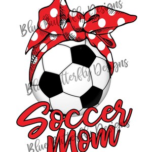 May include: Red and white polka dot bandana tied around a black and white soccer ball with the text "Soccer Mom" in red.