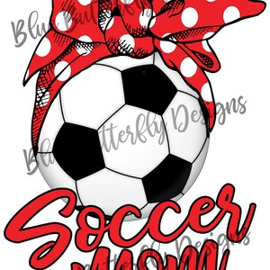 May include: A red and white polka dot bandana tied around a black and white soccer ball. The words "Soccer Mom" are written in red below the ball.