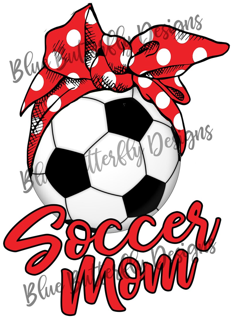 May include: A red and white polka dot bandana tied around a black and white soccer ball. The words "Soccer Mom" are written in red below the ball.