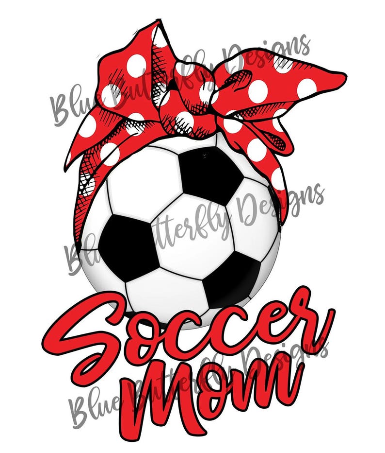 May include: Red and white polka dot bandana tied around a black and white soccer ball with the text "Soccer Mom" in red.